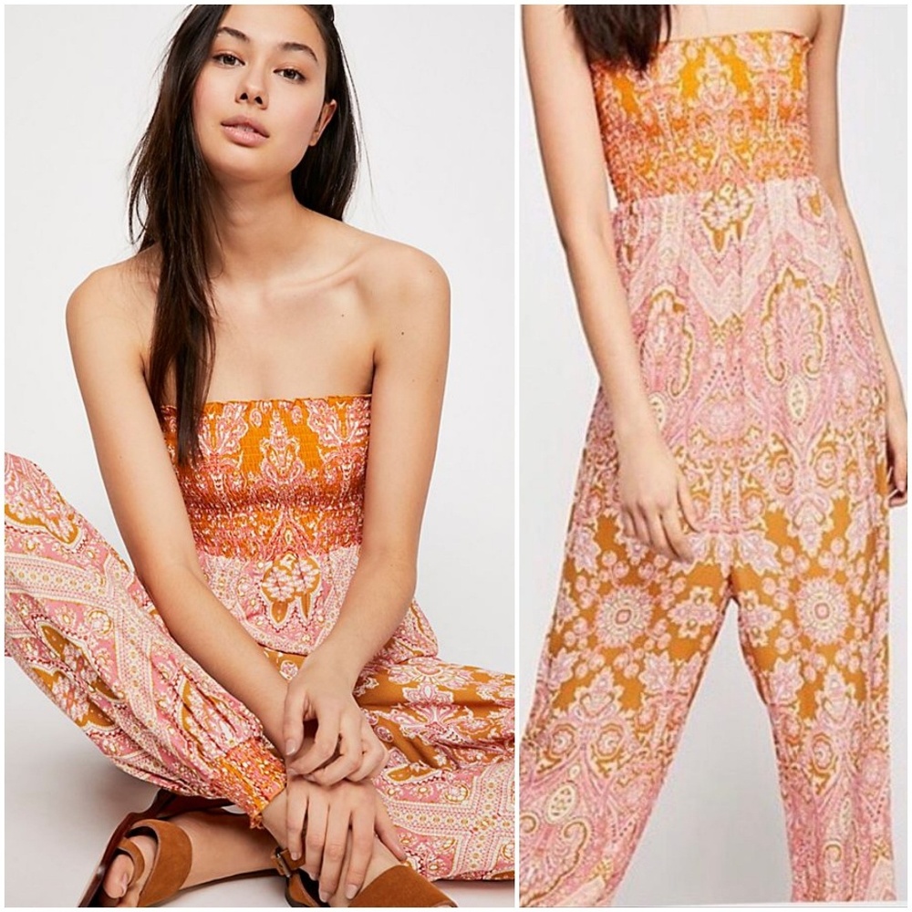Free People Thinking of You Smocked Jumpsuit XS
